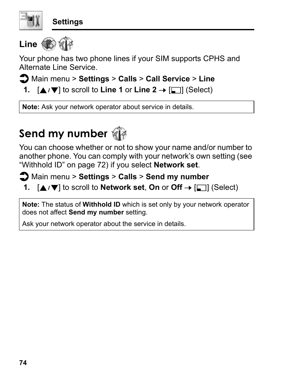 Send my number, Line | Panasonic A210 User Manual | Page 77 / 114