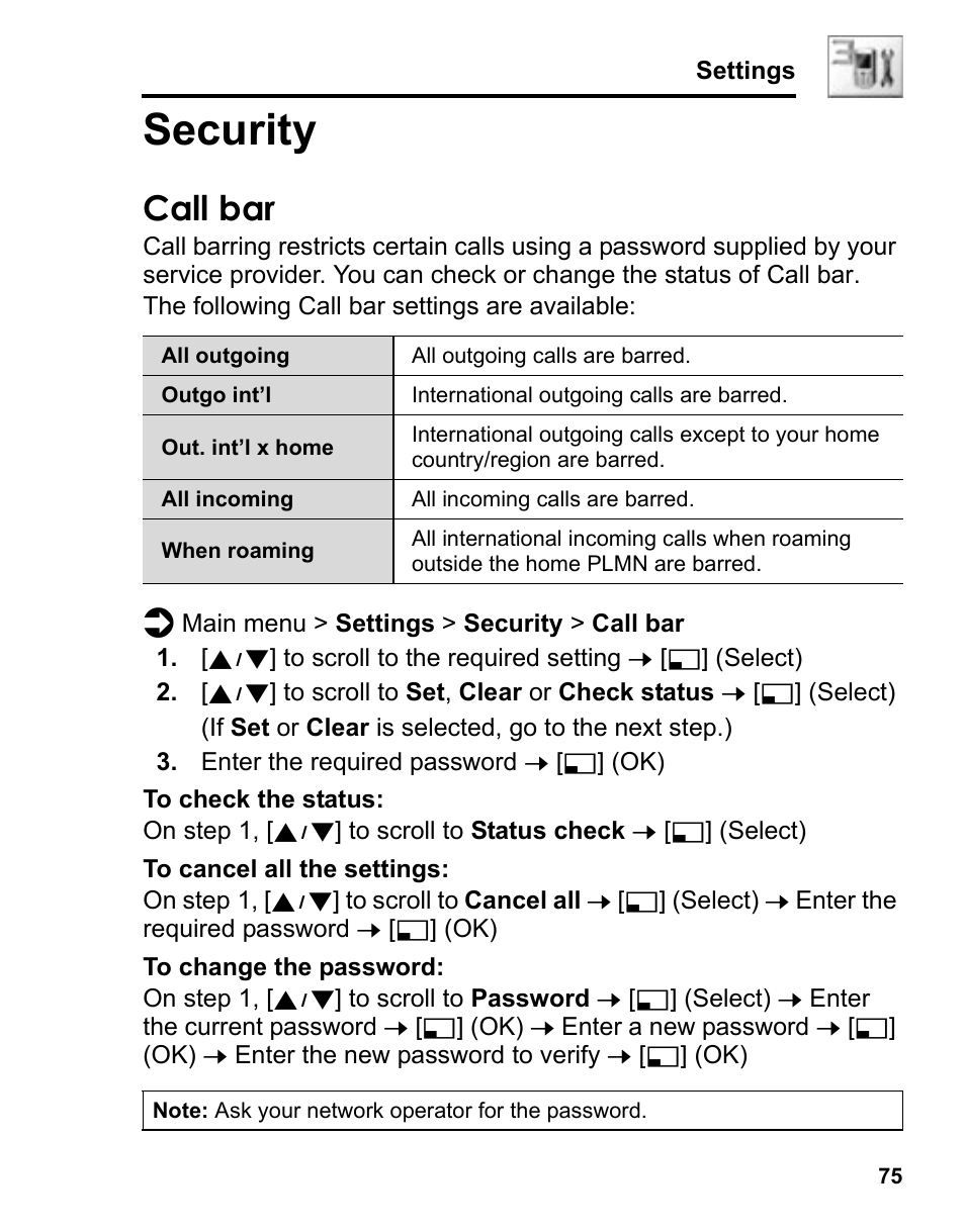 Security, Call bar | Panasonic A210 User Manual | Page 78 / 114