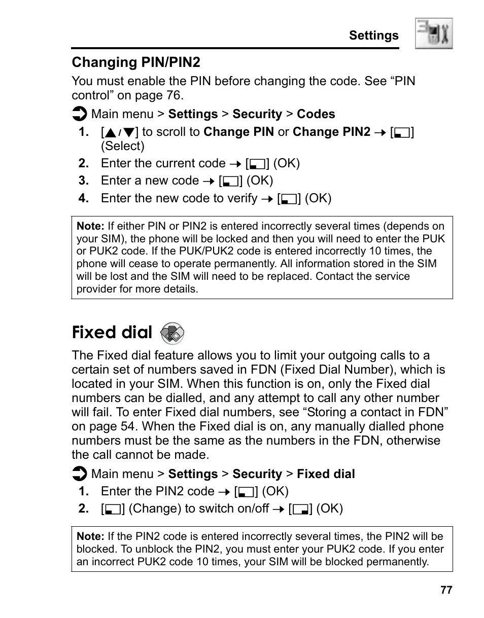 Fixed dial, Changing pin/pin2 | Panasonic A210 User Manual | Page 80 / 114