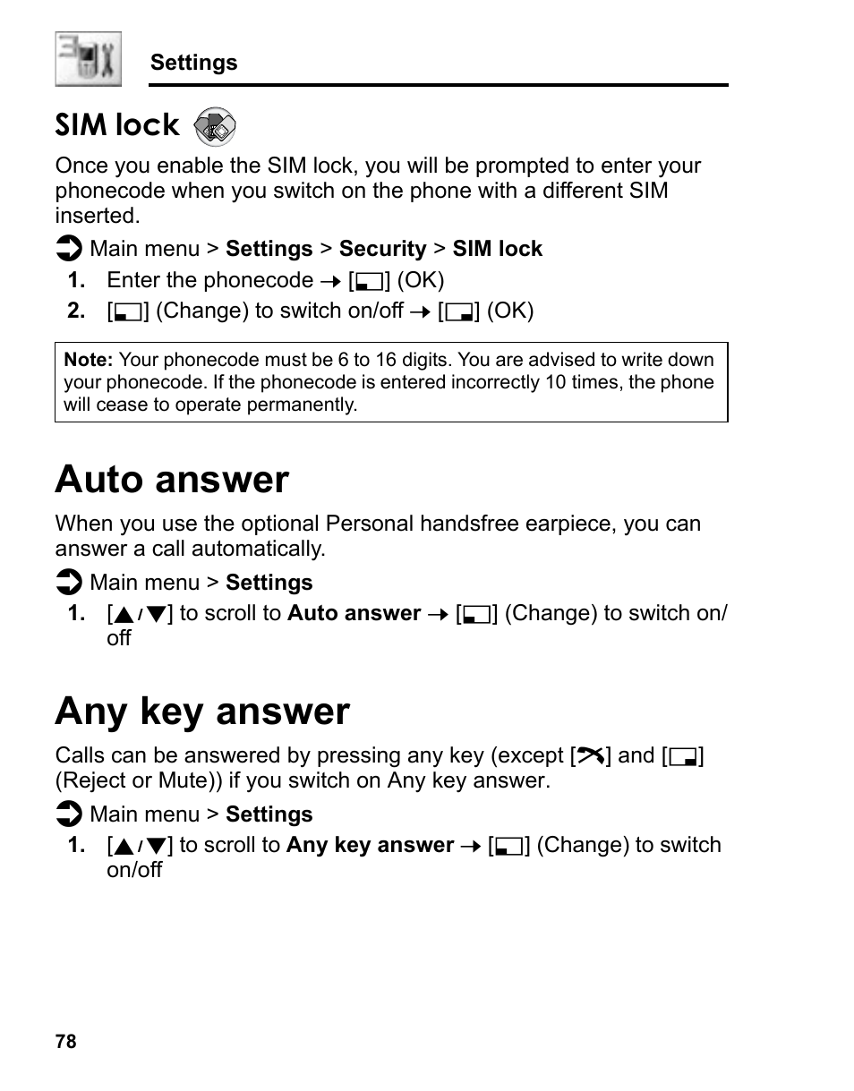 Sim lock, Auto answer, Any key answer | Auto answer any key answer | Panasonic A210 User Manual | Page 81 / 114