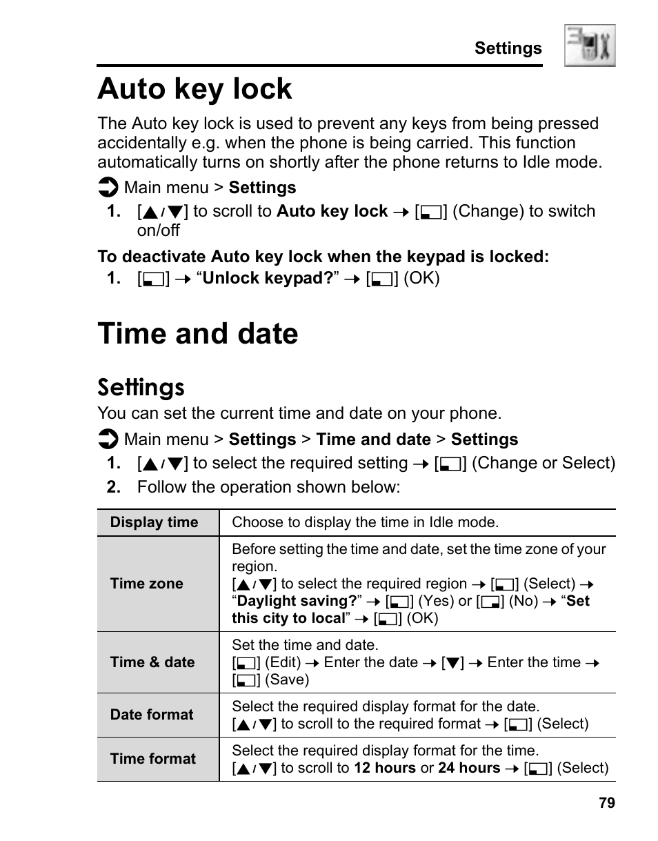 Auto key lock, Time and date, Settings | Auto key lock time and date | Panasonic A210 User Manual | Page 82 / 114