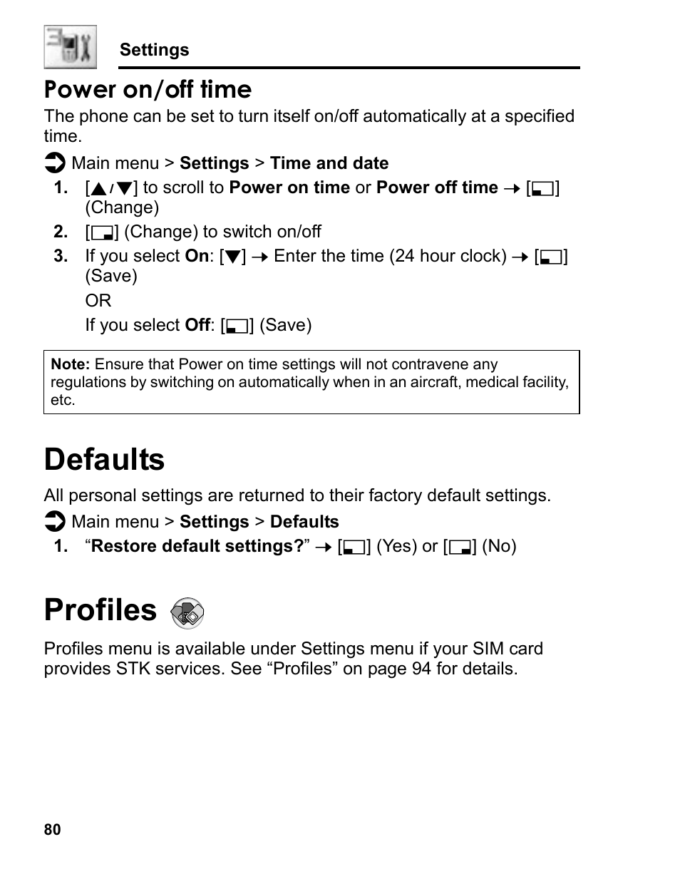 Power on/off time, Defaults, Profiles | Defaults profiles | Panasonic A210 User Manual | Page 83 / 114