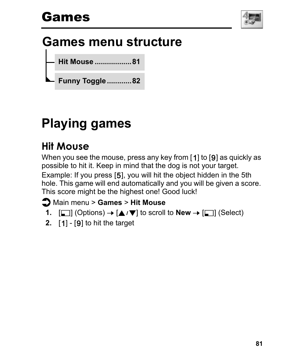 Games, Playing games, Hit mouse | Games menu structure playing games, Games playing games, Games menu structure | Panasonic A210 User Manual | Page 84 / 114