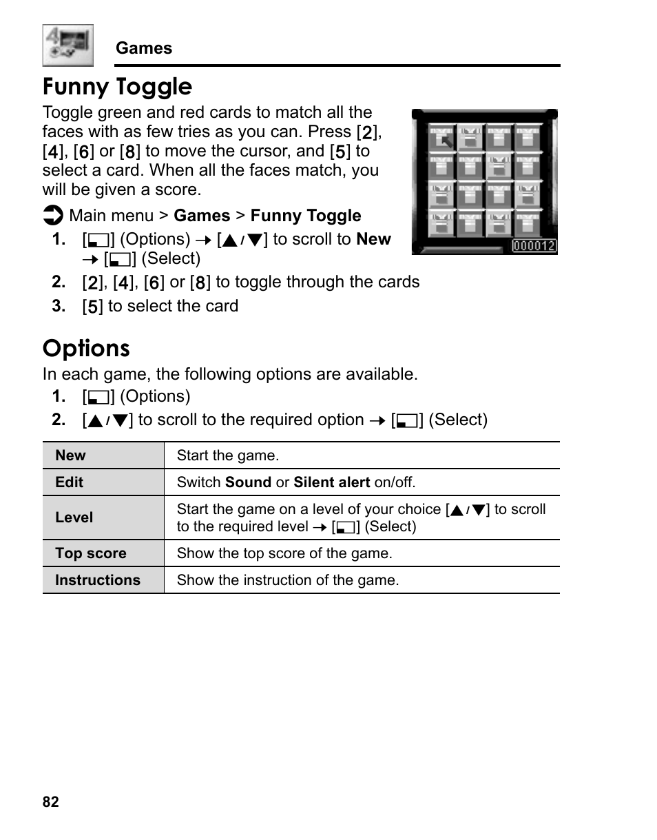 Funny toggle, Options | Panasonic A210 User Manual | Page 85 / 114