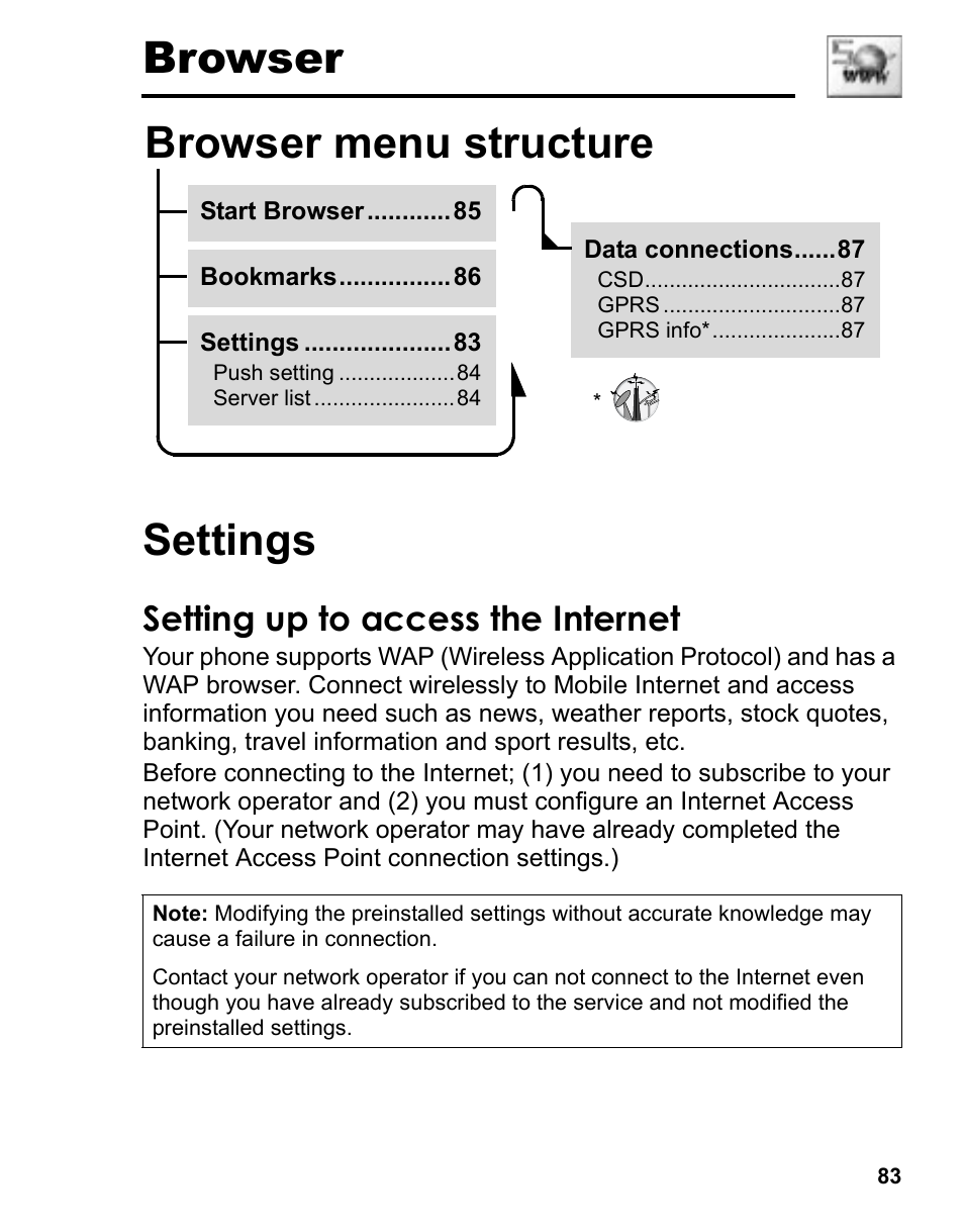 Browser, Settings, Setting up to access the internet | Browser menu structure settings, Browser settings, Browser menu structure | Panasonic A210 User Manual | Page 86 / 114