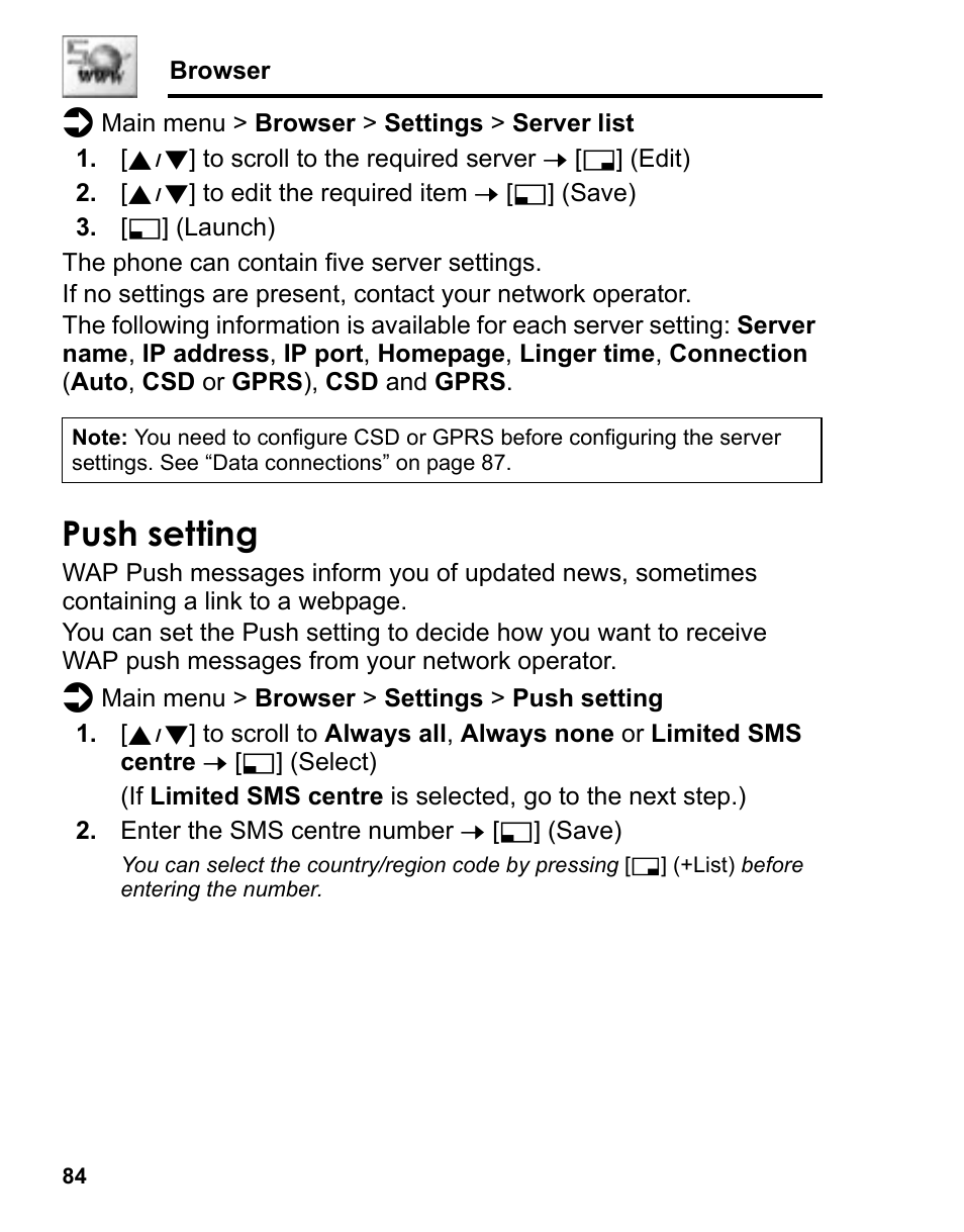 Push setting | Panasonic A210 User Manual | Page 87 / 114