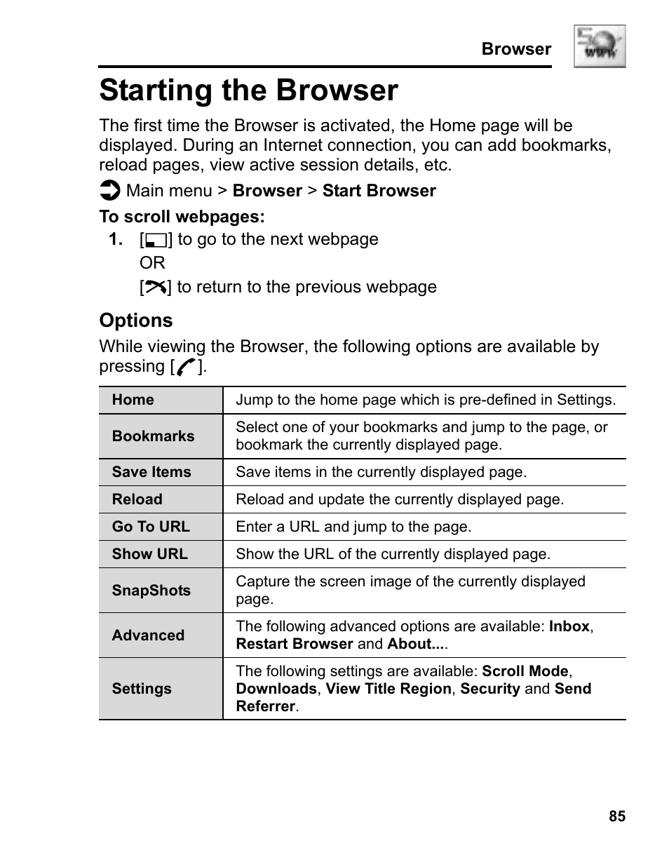 Starting the browser, Options | Panasonic A210 User Manual | Page 88 / 114