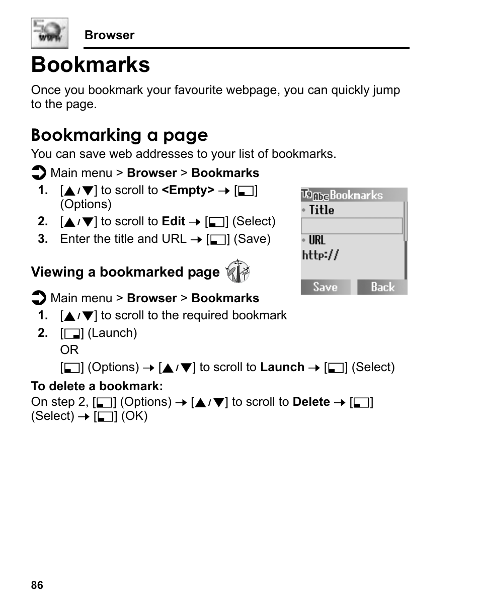 Bookmarks, Bookmarking a page | Panasonic A210 User Manual | Page 89 / 114