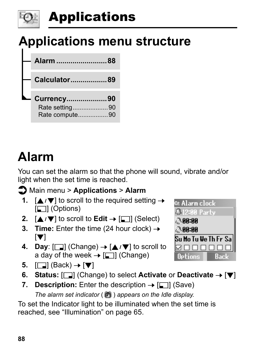 Applications, Alarm, Applications menu | Structure, Applications alarm, Applications menu structure | Panasonic A210 User Manual | Page 91 / 114