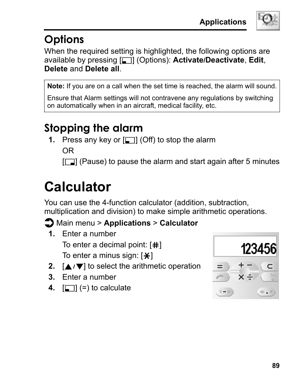 Options, Stopping the alarm, Calculator | Panasonic A210 User Manual | Page 92 / 114