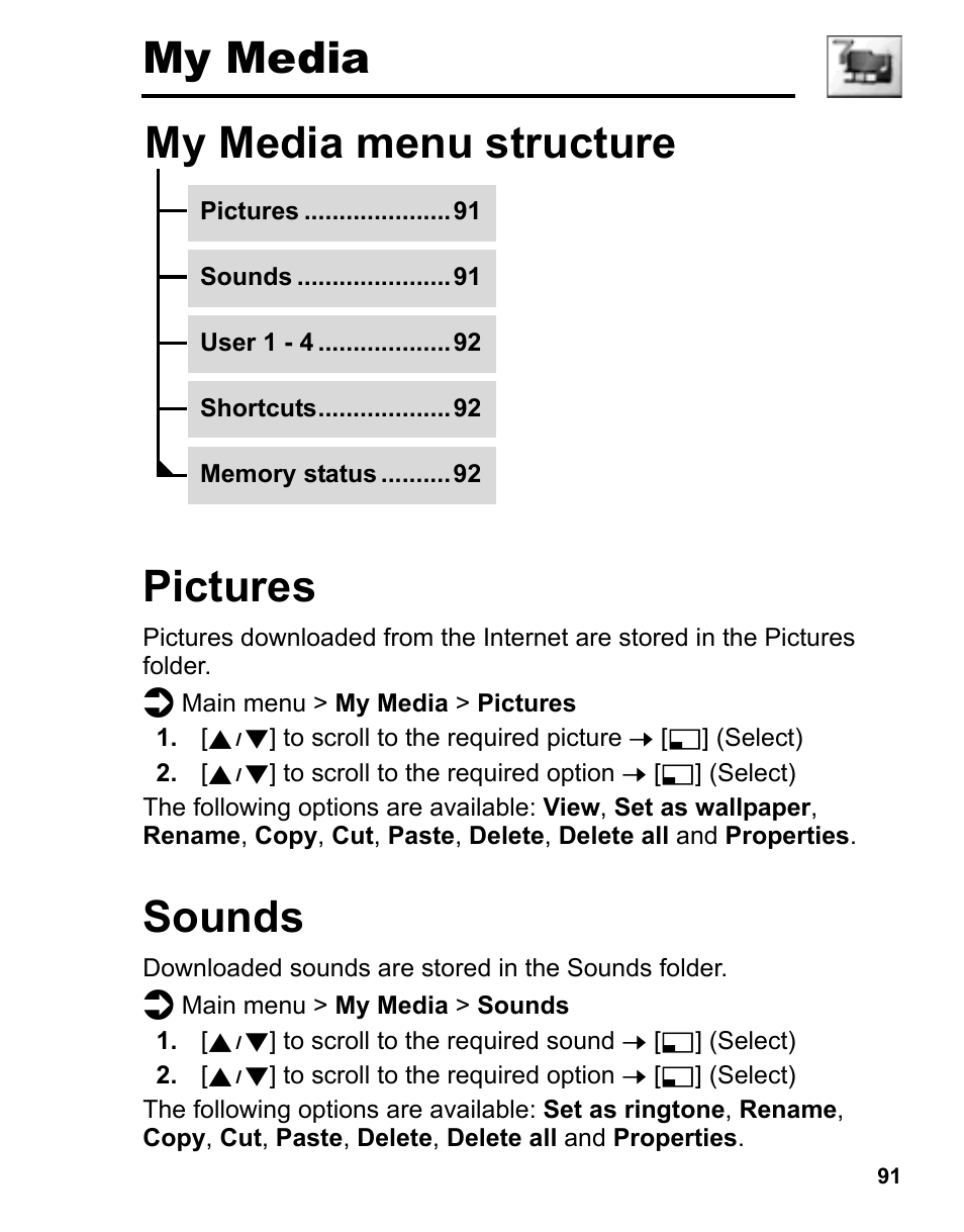 My media, Pictures, Sounds | My media menu structure pictures sounds, My media pictures, My media menu structure | Panasonic A210 User Manual | Page 94 / 114