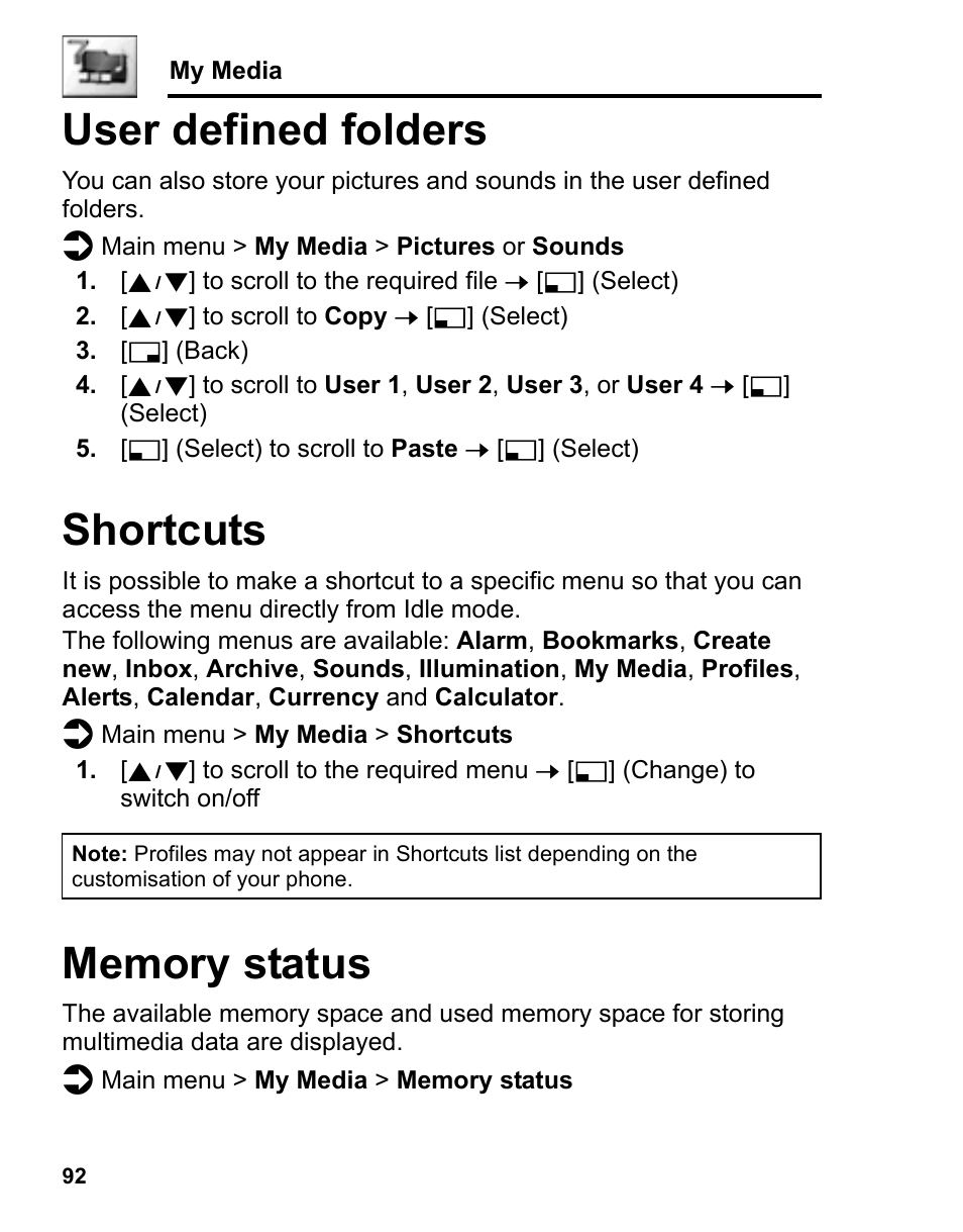 User defined folders, Shortcuts, Memory status | User defined folders shortcuts memory status | Panasonic A210 User Manual | Page 95 / 114