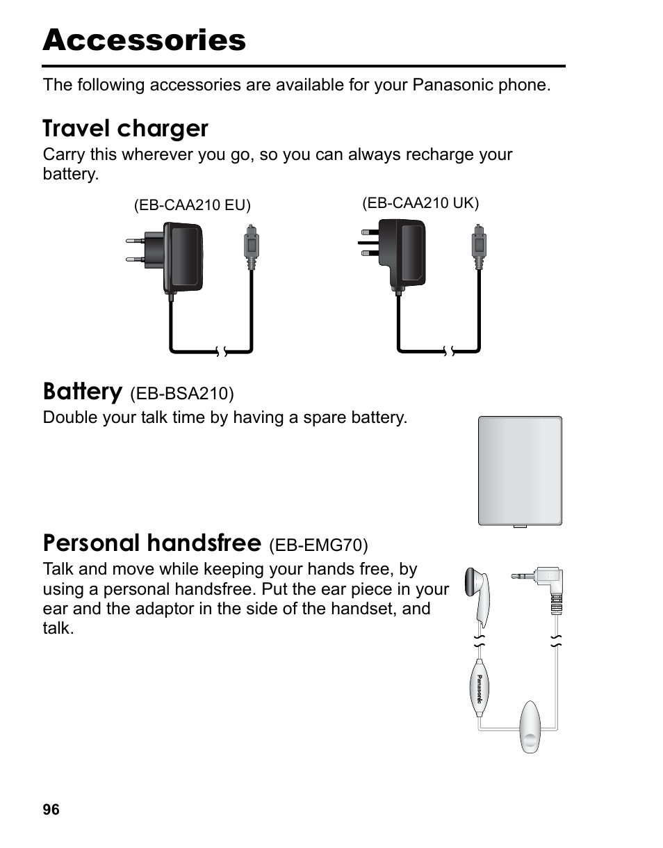 Accessories, Travel charger, Battery (eb-bsa210) | Personal handsfree (eb-emg70), Battery, Personal handsfree | Panasonic A210 User Manual | Page 99 / 114