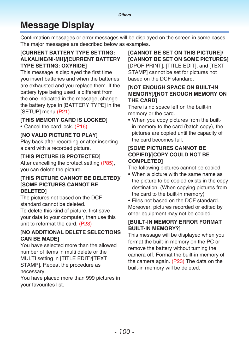 Message display | Panasonic DMC-LS80 User Manual | Page 100 / 113