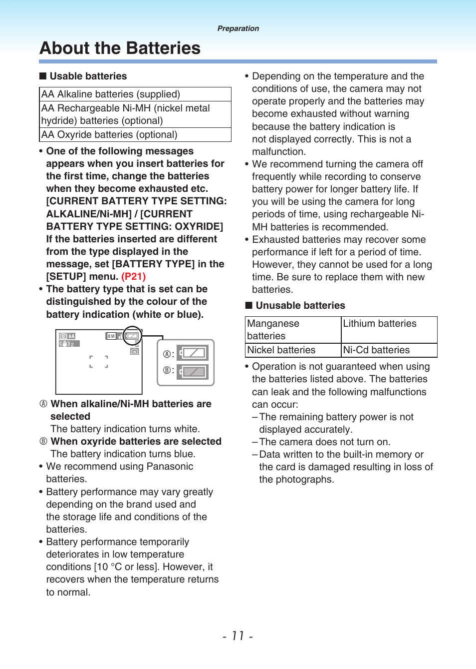 About the batteries | Panasonic DMC-LS80 User Manual | Page 11 / 113