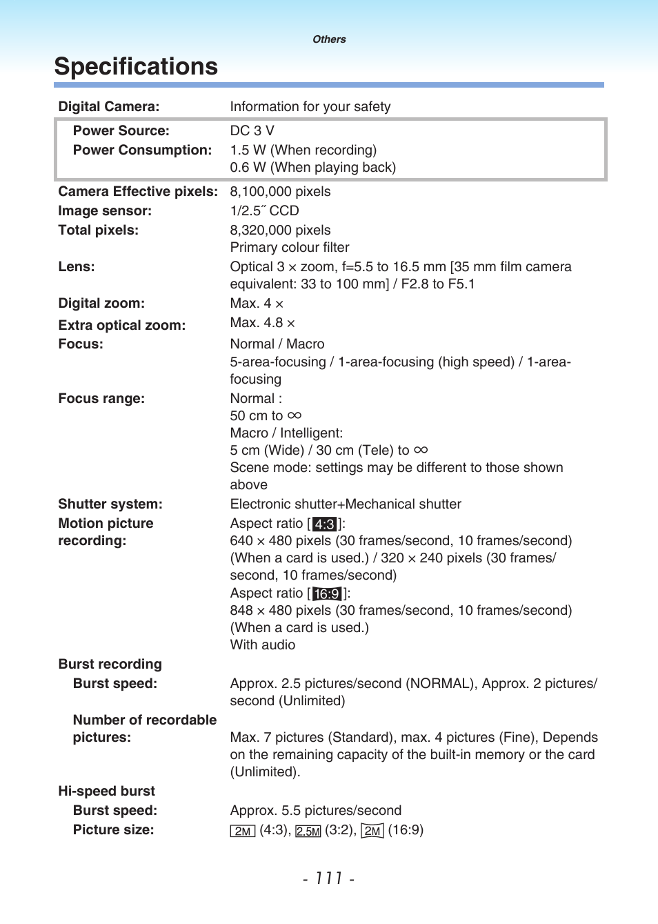 Specifications | Panasonic DMC-LS80 User Manual | Page 111 / 113