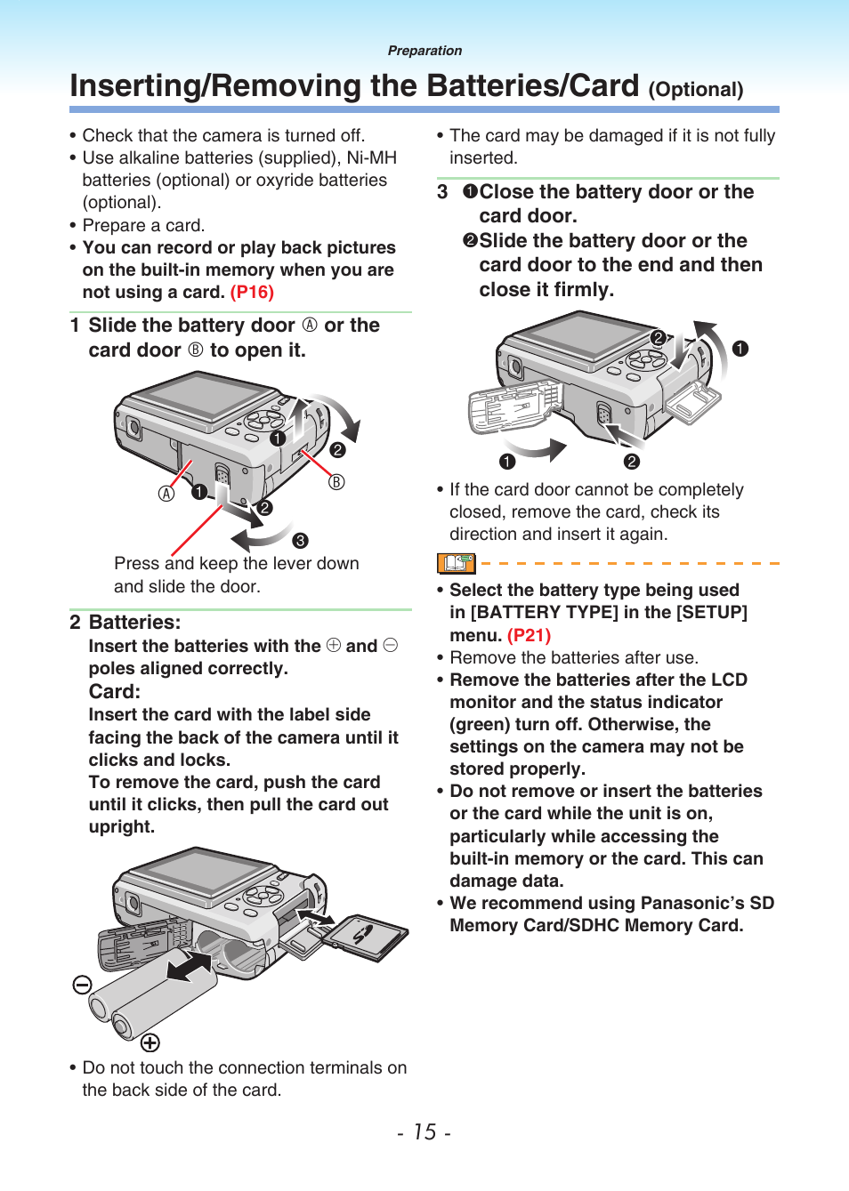 Inserting/removing the batteries/card (optional), Inserting/removing the batteries/card, Optional) | P15) | Panasonic DMC-LS80 User Manual | Page 15 / 113