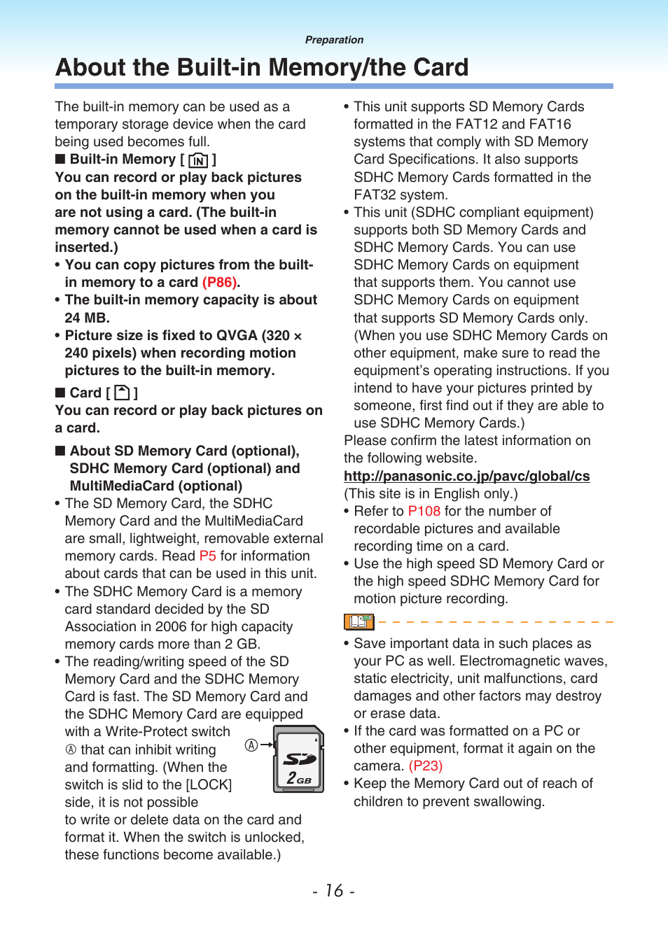 About the built-in memory/the card, When you use a card | Panasonic DMC-LS80 User Manual | Page 16 / 113