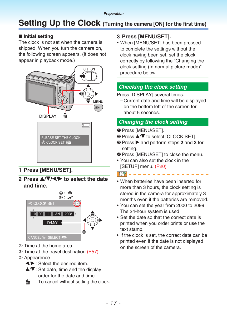 Checking the clock setting, Changing the clock setting, Setting up the clock | P17) | Panasonic DMC-LS80 User Manual | Page 17 / 113