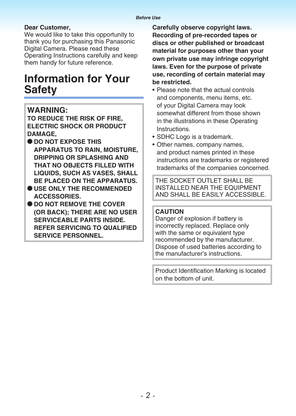 Information for your safety, Warning | Panasonic DMC-LS80 User Manual | Page 2 / 113