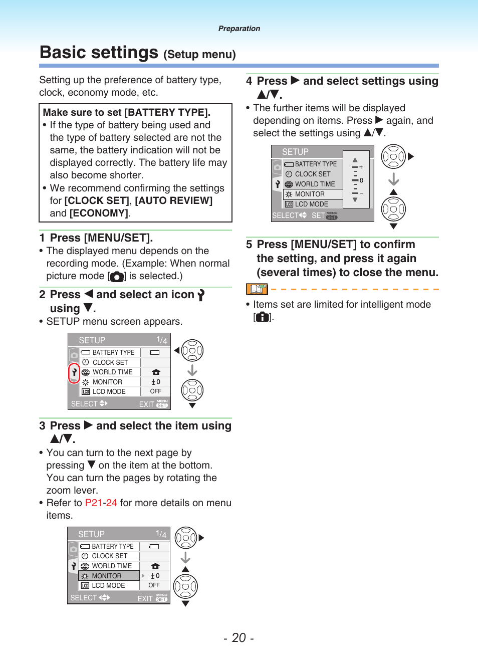 Basic settings (setup menu), Basic settings | Panasonic DMC-LS80 User Manual | Page 20 / 113