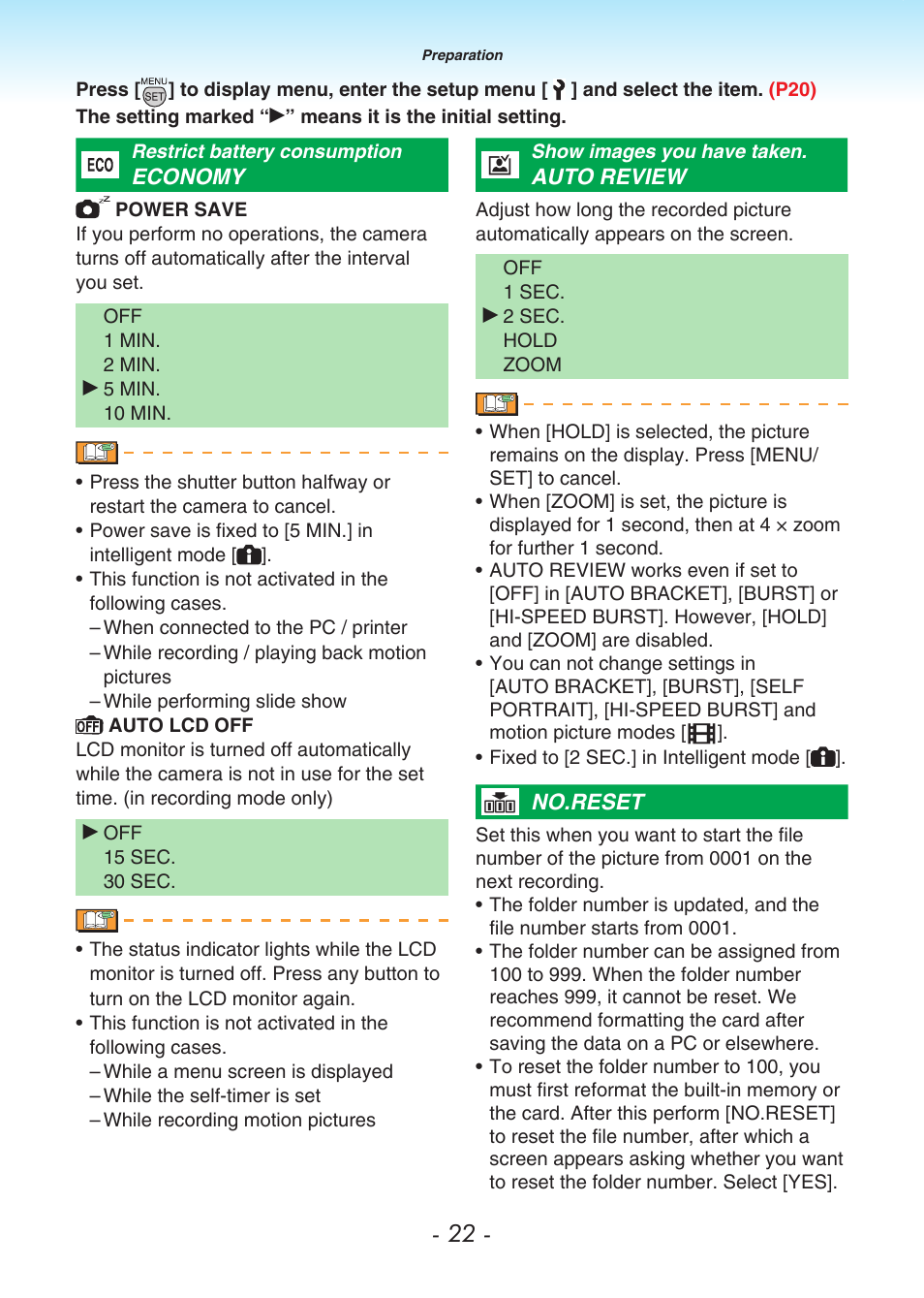 Economy, Auto review, No.reset | Economy auto review no.reset | Panasonic DMC-LS80 User Manual | Page 22 / 113