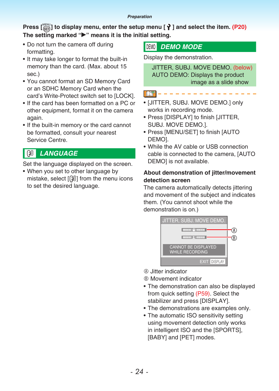 Language, Demo mode, Language demo mode | Panasonic DMC-LS80 User Manual | Page 24 / 113