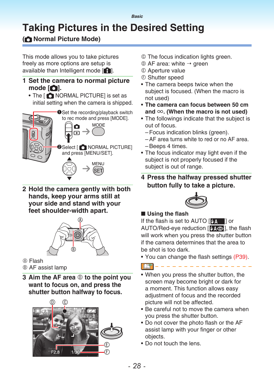 Taking pictures in the desired setting, Normal picture mode), P28) | Dc e f | Panasonic DMC-LS80 User Manual | Page 28 / 113