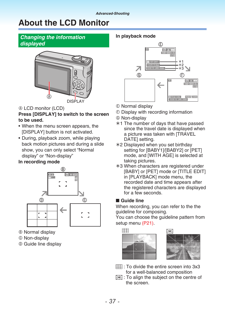 About the lcd monitor, Changing the information displayed, P37) | Guide line (p37 | Panasonic DMC-LS80 User Manual | Page 37 / 113