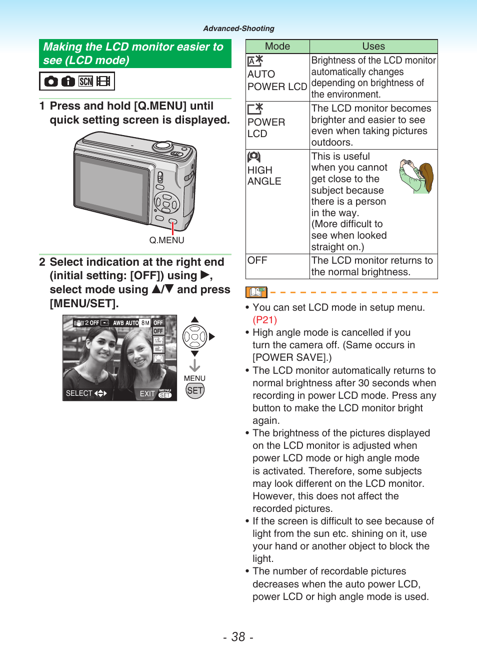 Making the lcd monitor easier to see (lcd mode), Making the lcd monitor easier to see, Lcd mode) | P38) | Panasonic DMC-LS80 User Manual | Page 38 / 113