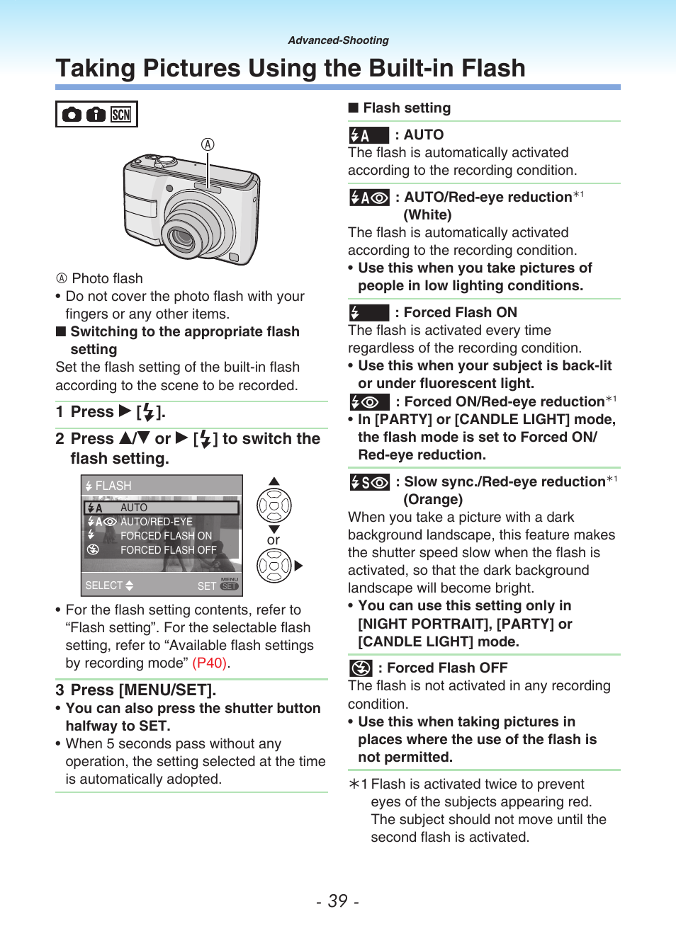Taking pictures using the built-in flash, Taking pictures using, The built-in flash | P39) | Panasonic DMC-LS80 User Manual | Page 39 / 113