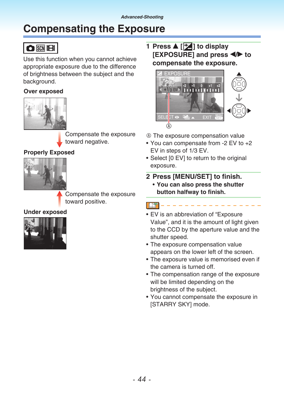 Compensating the exposure | Panasonic DMC-LS80 User Manual | Page 44 / 113