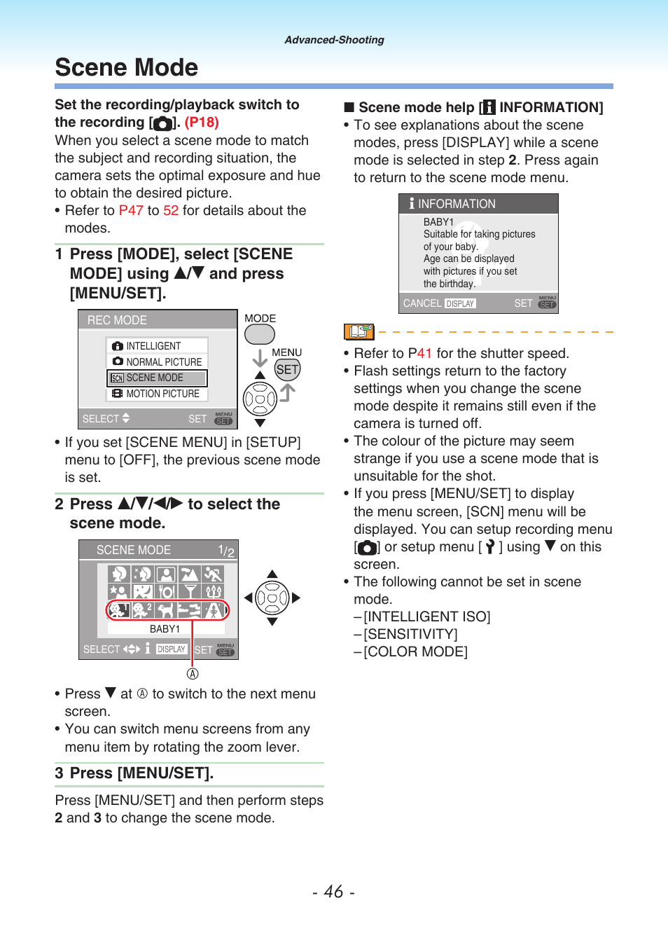 Scene mode, Scene menu (p46) | Panasonic DMC-LS80 User Manual | Page 46 / 113