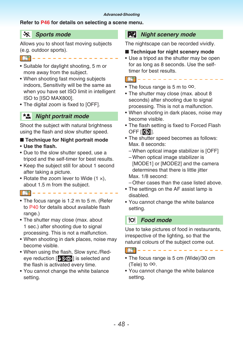Sports mode, Night portrait mode, Night scenery mode | Food mode | Panasonic DMC-LS80 User Manual | Page 48 / 113