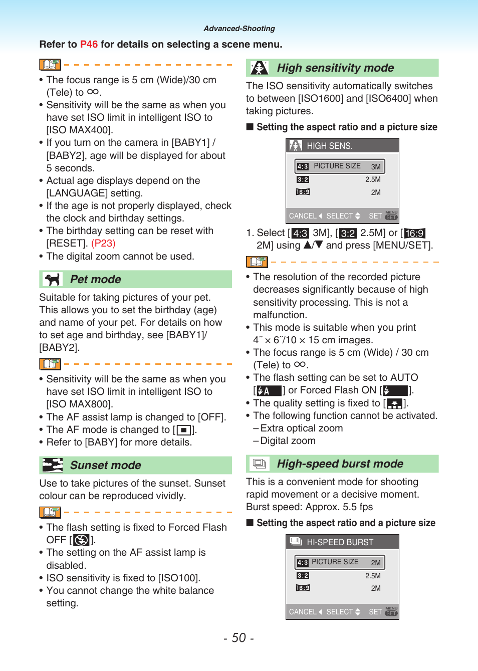 Pet mode, Sunset mode, High sensitivity mode | High-speed burst mode | Panasonic DMC-LS80 User Manual | Page 50 / 113