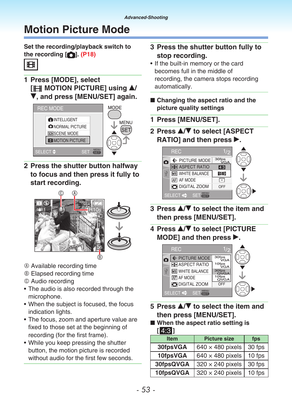 Motion picture mode | Panasonic DMC-LS80 User Manual | Page 53 / 113