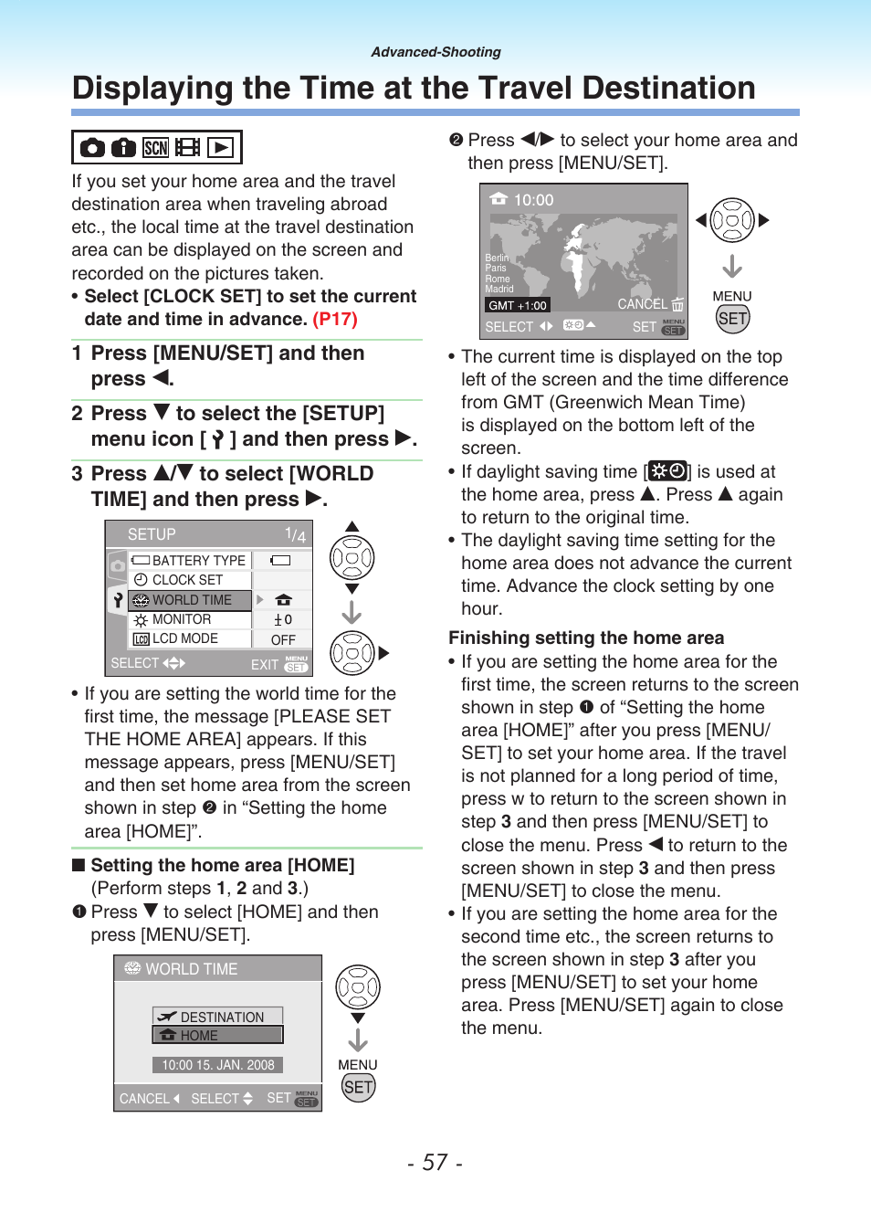 Displaying the time at the travel destination, Displaying the time at the travel, Destination | P57) | Panasonic DMC-LS80 User Manual | Page 57 / 113