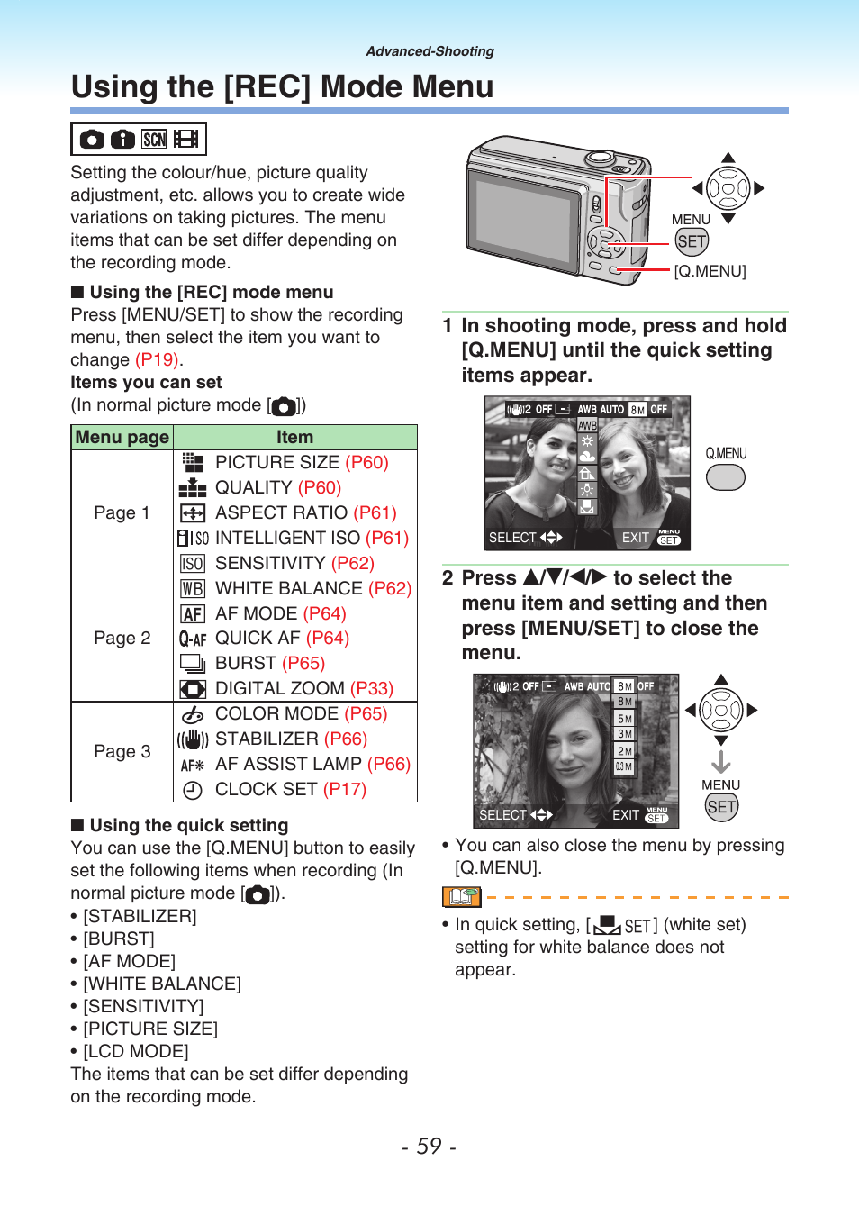Using the [rec] mode menu, P59), For more details on quick | Panasonic DMC-LS80 User Manual | Page 59 / 113