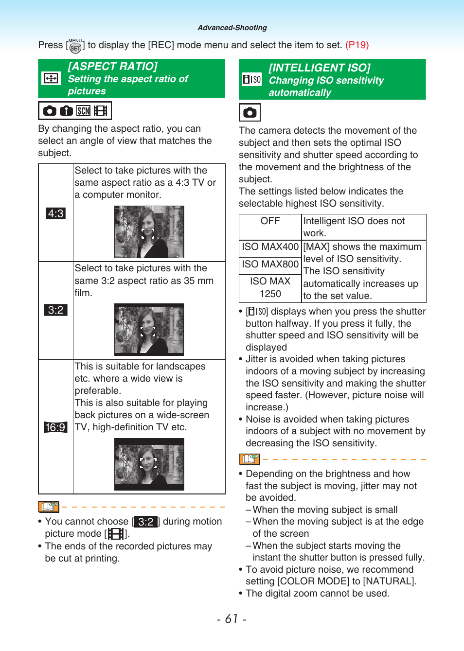 Aspect ratio, Intelligent iso, Aspect ratio] [intelligent iso | P61) | Panasonic DMC-LS80 User Manual | Page 61 / 113