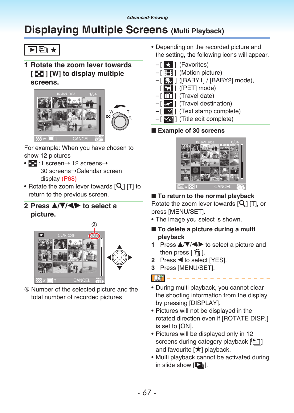 Displaying multiple screens (multi playback), Displaying multiple screens, Multi playback) | Panasonic DMC-LS80 User Manual | Page 67 / 113