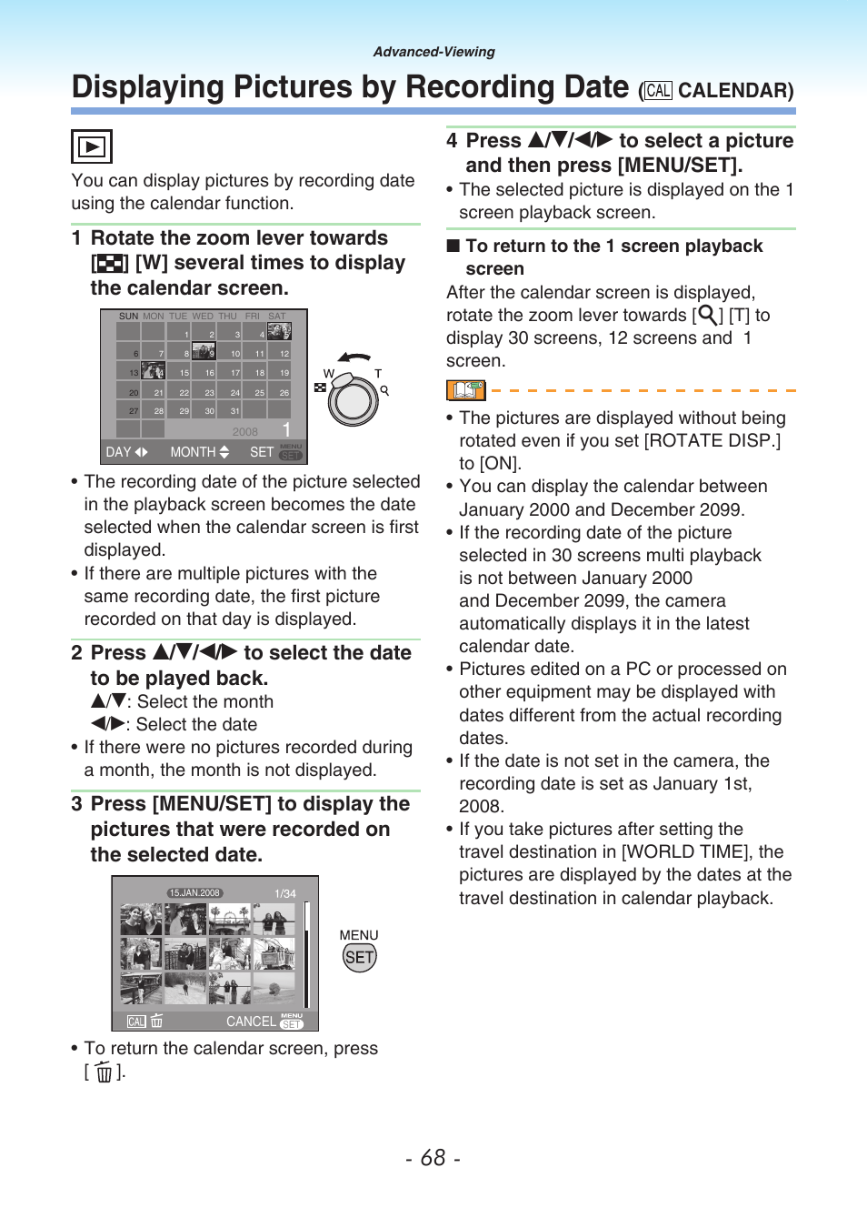 Displaying pictures by recording date (￼ calendar), Displaying pictures by recording date, Calendar) | Panasonic DMC-LS80 User Manual | Page 68 / 113