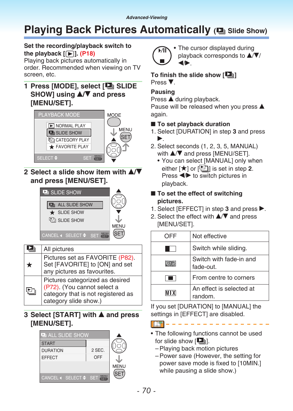 Playing back pictures automatically (￼ slide show), Playing back pictures automatically, Slide show) | Panasonic DMC-LS80 User Manual | Page 70 / 113