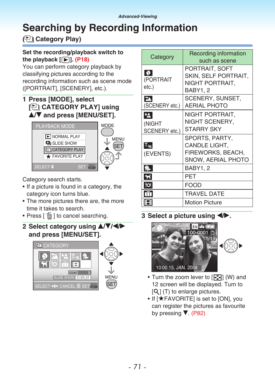 Searching by recording information, Category play) | Panasonic DMC-LS80 User Manual | Page 71 / 113