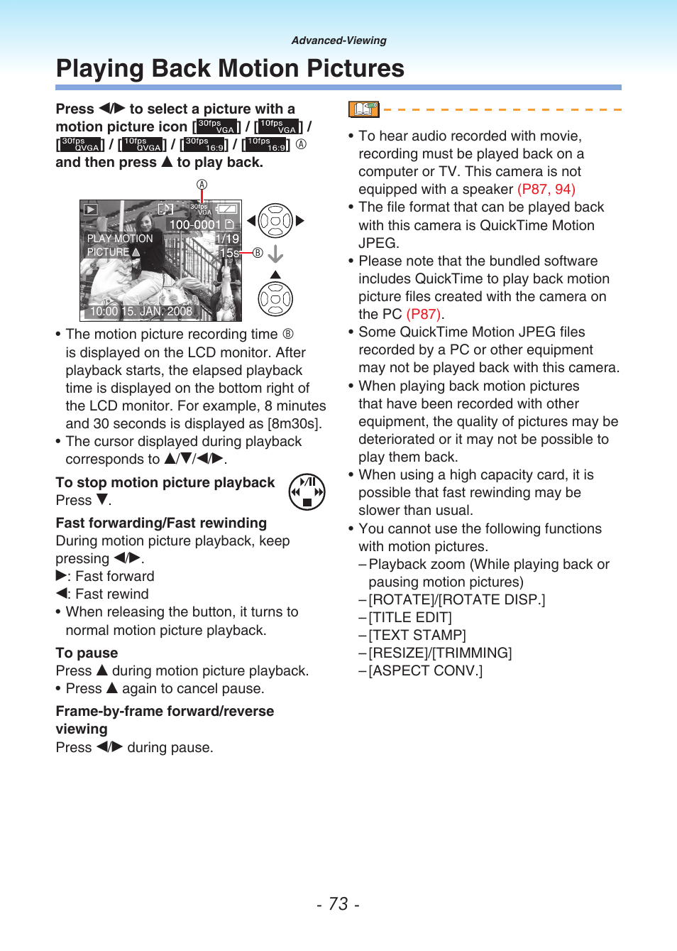 Playing back motion pictures | Panasonic DMC-LS80 User Manual | Page 73 / 113