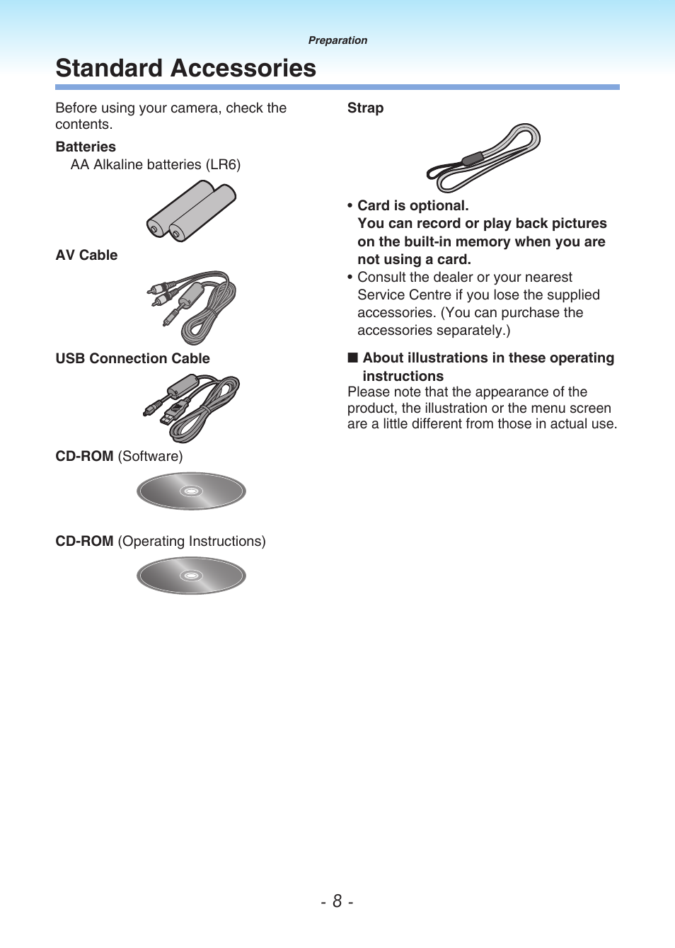 Standard accessories | Panasonic DMC-LS80 User Manual | Page 8 / 113