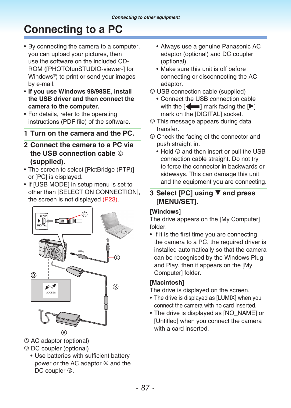 Connecting to a pc | Panasonic DMC-LS80 User Manual | Page 87 / 113