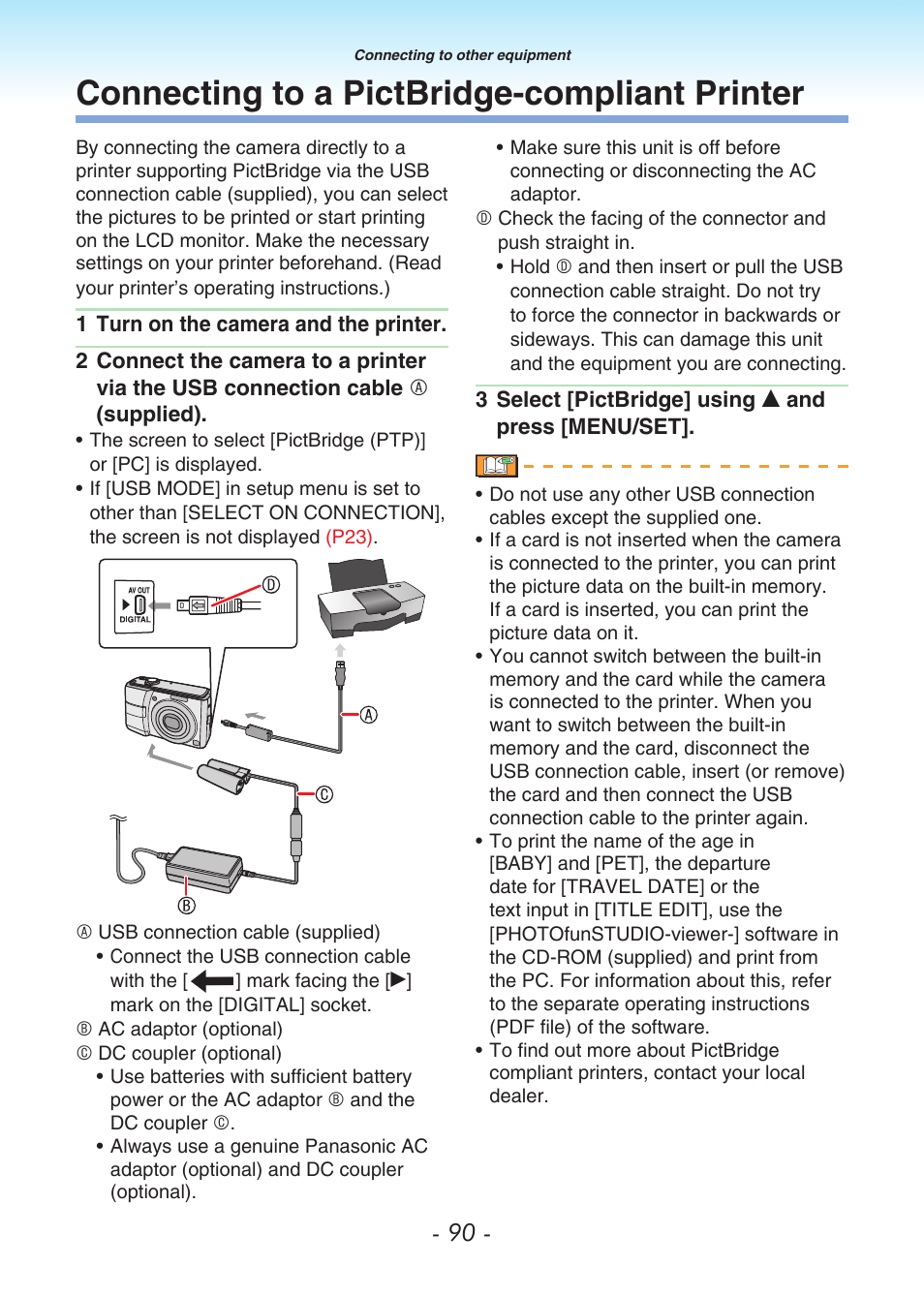 Connecting to a pictbridge-compliant printer, Connecting to a pictbridge-compliant, Printer | Panasonic DMC-LS80 User Manual | Page 90 / 113