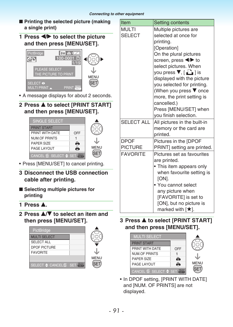 P91), Disconnect the usb connection cable after printing | Panasonic DMC-LS80 User Manual | Page 91 / 113