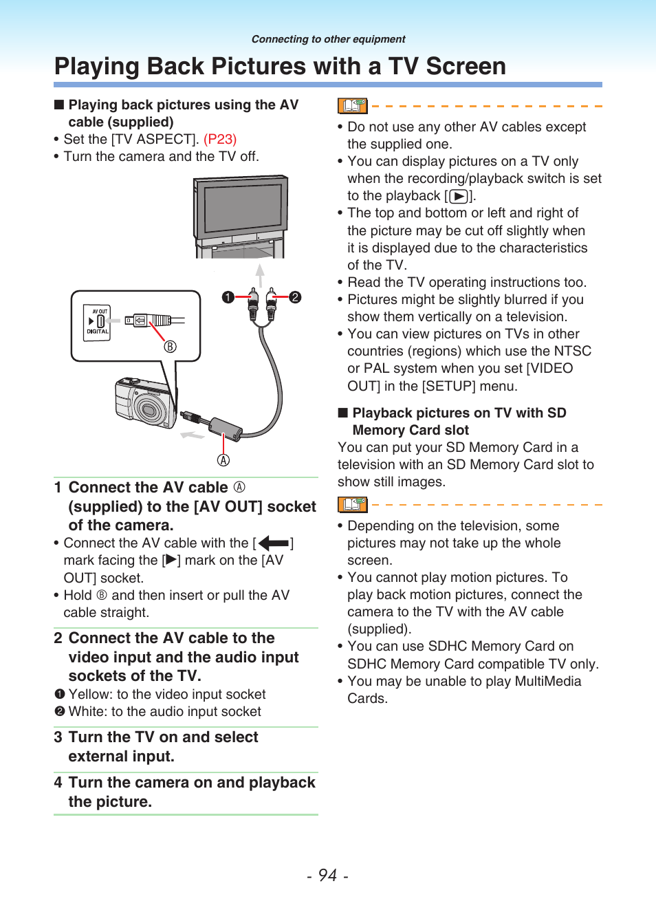 Playing back pictures with a tv screen, Playing back pictures with, A tv screen | Video out (p94, P94) | Panasonic DMC-LS80 User Manual | Page 94 / 113