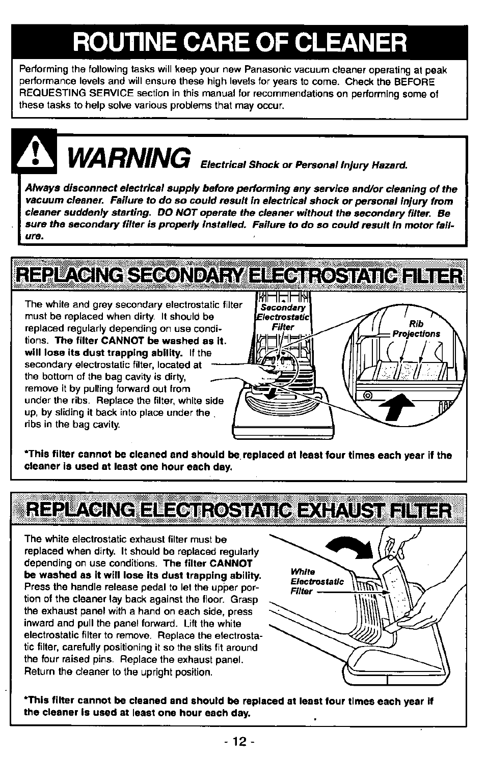 Routine care of cleaner, Warntng, Replaang | Panasonic Ultra Pro MC-V300 User Manual | Page 12 / 40